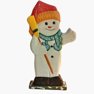 Wooden Snowman Figure Hand Painted Decoration Waving  Holding Broom